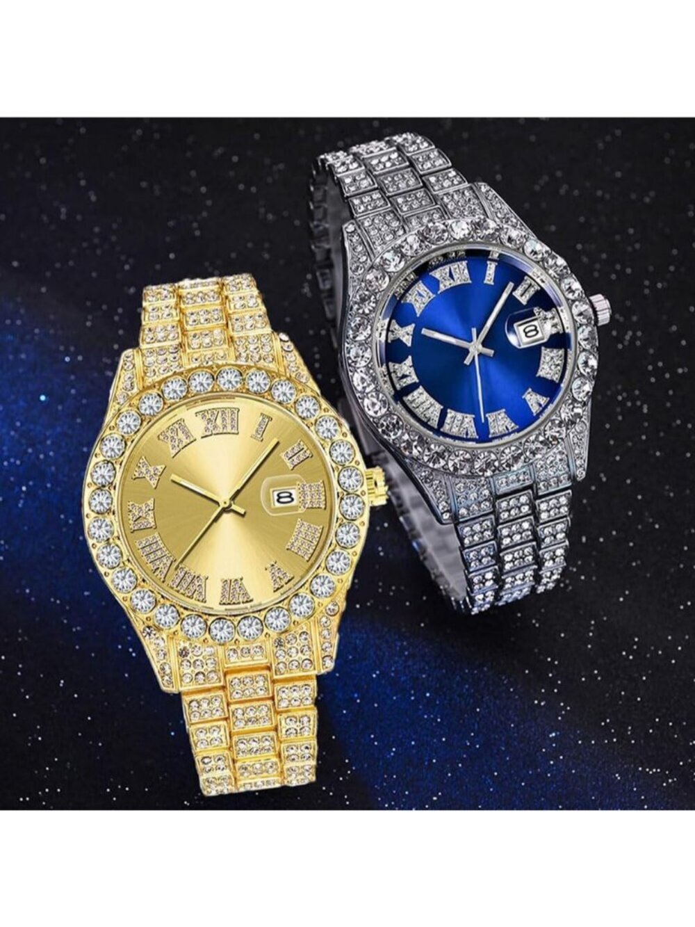 Men's All Gold Analog Crystal Rhinestone Diamond Iced-Out Bracelet Wrist Watch - Picture 5 of 6